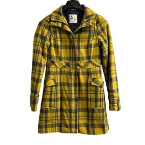 Vintage Xhilaration Y2K Coat S‎ Yellow Blue Plaid Wool Blend Preppy Academia
